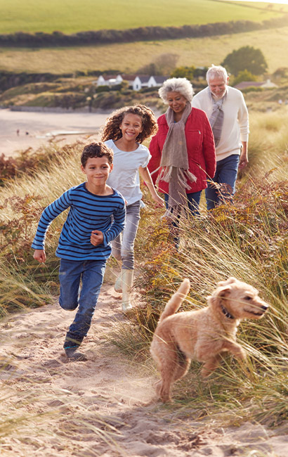 grandparents walking by the beach with their grandchildren and dog successful retirement future